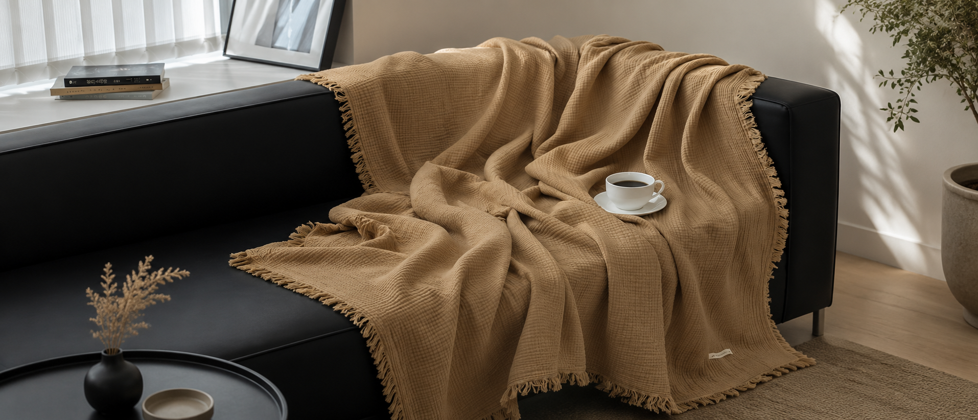 Layered cushions and throws in a relaxed interior