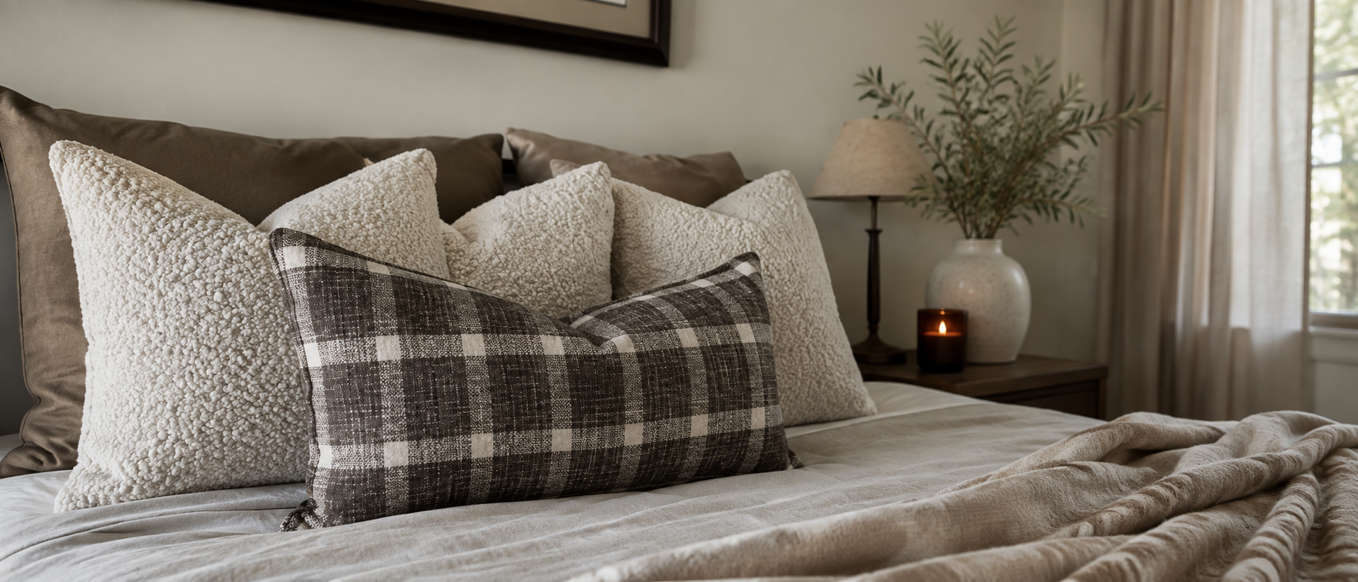 Layered blankets and cushions in a warm home interior