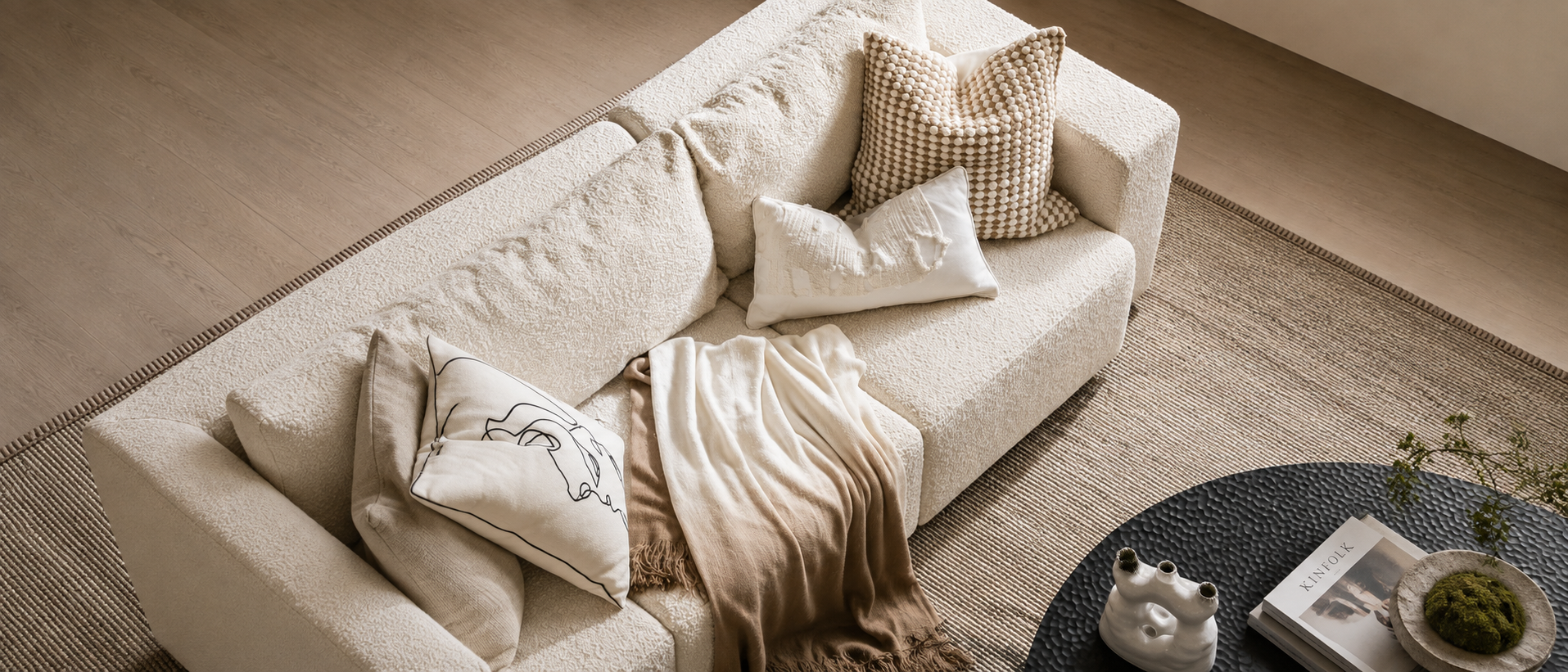 Cozy cushions and blankets in a warm interior