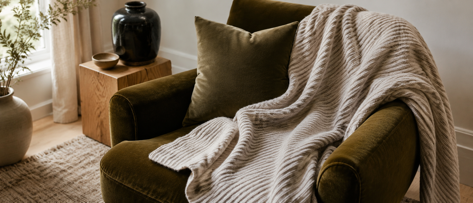 Cozy blankets and cushions styled in a warm home setting